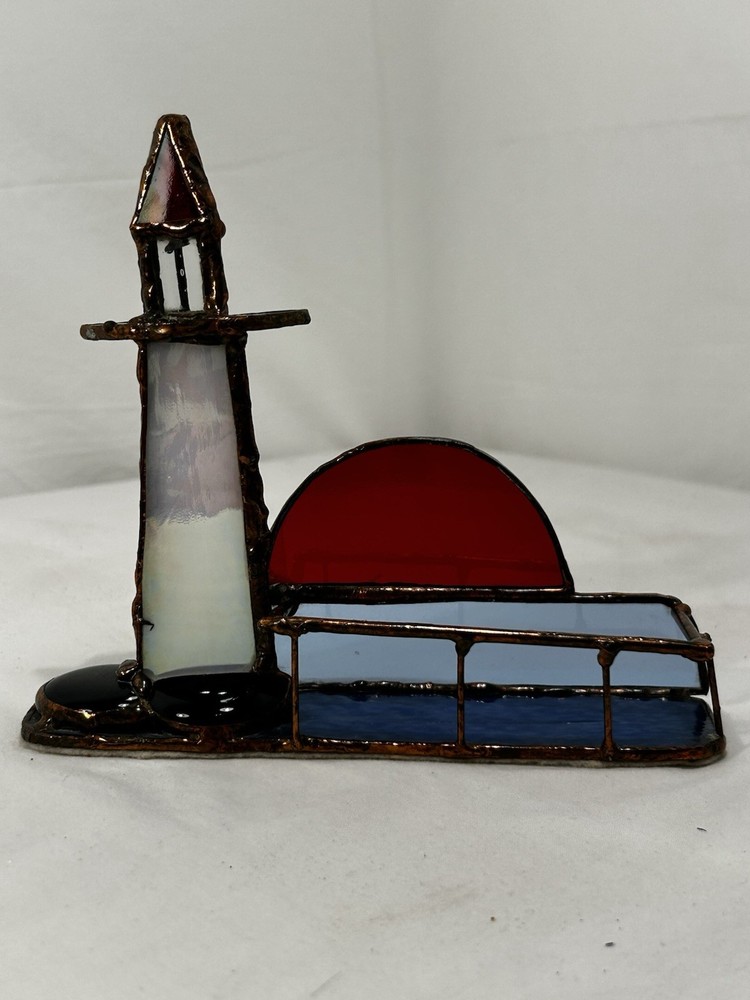 VTG Stained Glass Lighthouse Window Sun Catcher business Card Holder