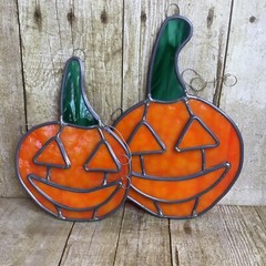 Set 2 Halloween Pumpkin Jack O Lantern Stained Glass Window Suncatchers 7-8.5”