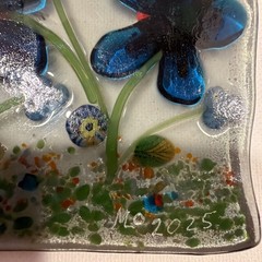 Fused Glass Handmade Rectangular Multicolor Flower Sun Catcher Signed W/Stand