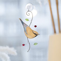 Stained Glass Cedar Waxwing Suncatcher – Bird Lover Gift for Mom or Birthday