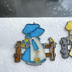 Lot of 3 Multicolor Glass & Metal Vintage Hanging Suncatchers Girl Hat Fence