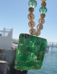CRYSTAL SUN CATCHER with faux pearls and CRYSTAL BEADS green glass square