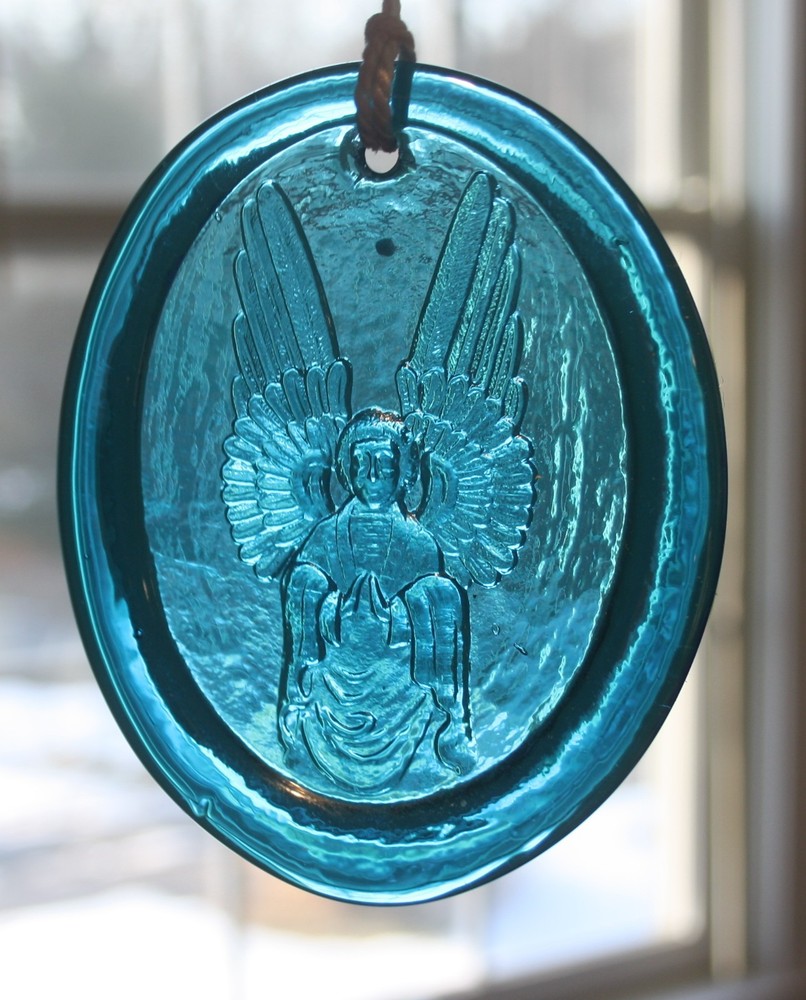 Turquoise Embossed Glass Angel Suncatcher 3X3.75
