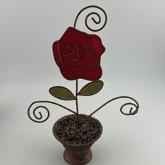 3 Vtg Photo Frame-SunCatcher Red Rose-Green Leaves-Metal Brown Flower Pot-6″