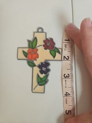 Cross with Flowers Suncatcher Stained Glass Vintage Cross 4″x 3″ Ivory Blue Red