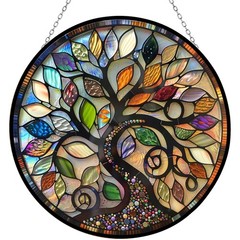 “Bohemian Tree of Life Stained Glass Sun Catcher for Home Decor 9.8 in”