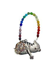 PEWTER CAT RAINBOW Czech Glass Bead SUNCATCHER Rear View Mirror CAR CHARM Pride