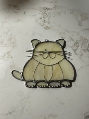 Vintage Hanging White Stained Glass Cat Sun Catcher With Whiskers MISSING AN EYE