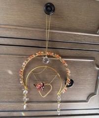 Beaded Wire Crystal Hanging Suncatcher Mobile Heart & Star Gold Clear Multi