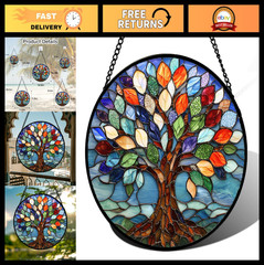 Colorful Tree of Life Stained Glass Window Hanging Suncatcher Decor 14.9″ x 14.9