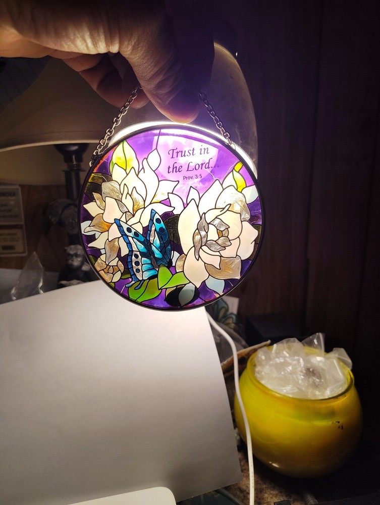 Joan Baker Trust in the Lord Stained Glass Suncatcher Floral Gardenias Butterfly