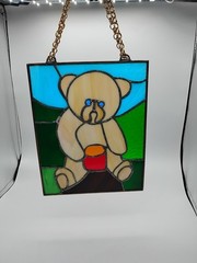 Handmade Leaded 10×8 stained glass Window Hanging Teddy Bear.