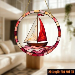 Red Sailboat Pink Ocean Wave Warm Tone Mosaic Rim Round Acrylic Suncatcher Decor