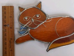 VTG Stained Glass Handmade Cat Sun Catcher Amber Artisan Scottsdale AZ 6 By 4.5″