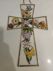 Sun Catcher Cross with Stained Glass & Hand Painted Gold Frame Floral