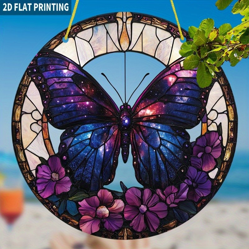 Cosmic Galaxy Purple Blue Butterfly Vibrant Rim Round Acrylic Suncatcher Decor