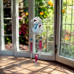 Fused Glass Snowman With Chimes Window Hanging Ornament Suncatcher Seasonal