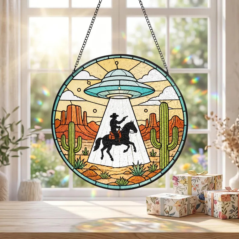 UFO Abduction Cowboy Stained Glass Suncatcher Sci Fi Western Art
