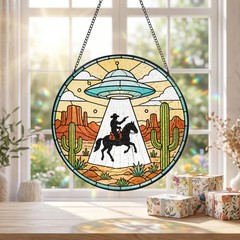 UFO Abduction Cowboy Stained Glass Suncatcher Sci Fi Western Art
