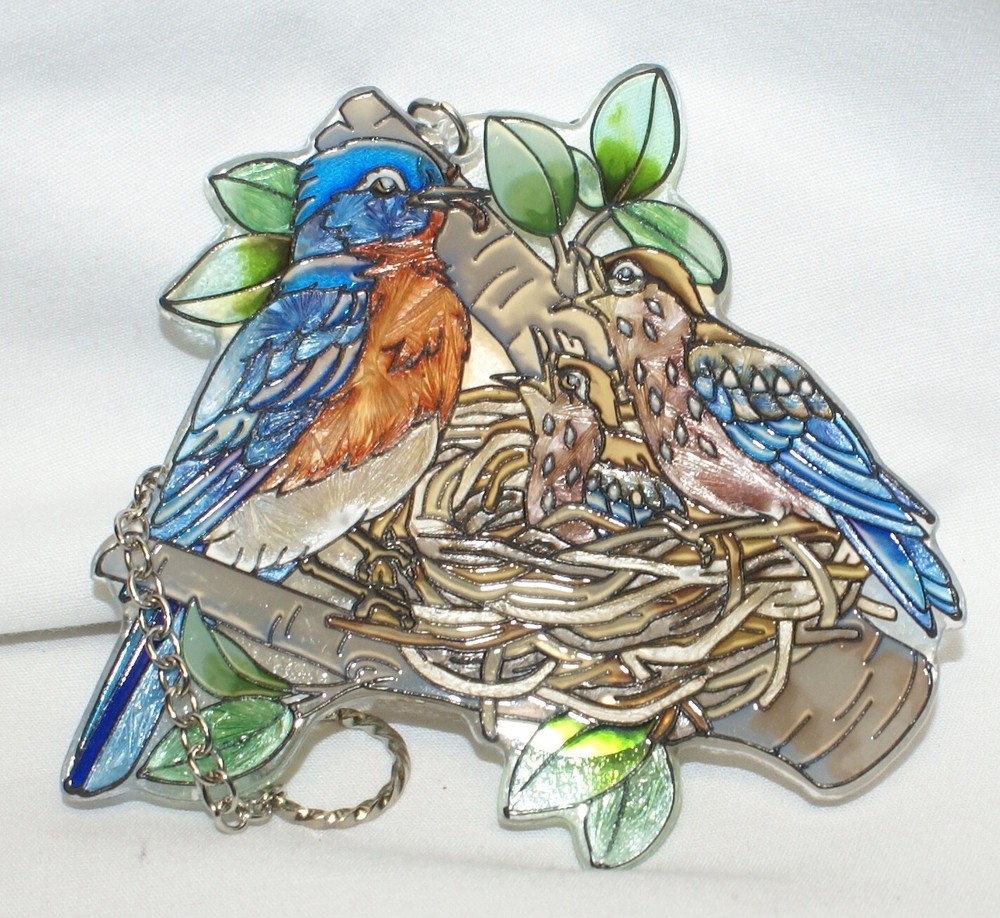 Amia Suncatcher Bluebirds with Nest Hand Painted 4.5″ x 4″ w/ Chain