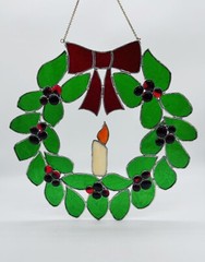 Stained Glass Christmas Wreath Holly And Candle Window Suncatcher 12”