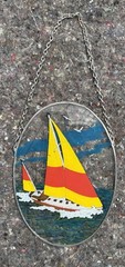Sailboat Hand Painted On Glass Vintage Suncatcher Handmade with Chain