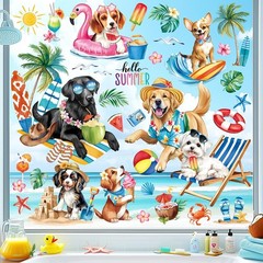 Golden Retriever Double Sided Window Clings Decals Summer Dog Puppy Beach