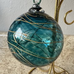 Hand Blown Glass Friendship Ball Turquoise Teal With Gold Swirl Ornament 4”