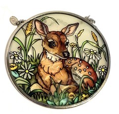 Amia Fawn Glass Art Sun Catcher With Daisies ” 3.5 ” Round Frame With Chain