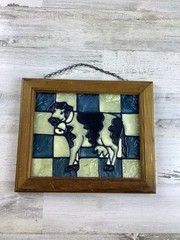 Vintage Milk Cow Stained Glass Mosaic Suncatcher Glass Dark Brown Wood Frame