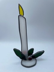 Vintage Mid-Century Stained Leaded Glass Christmas White Candle Holly Leaves