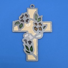 Stained Glass Style Floral Cross Suncatcher Ornament Hanging Décor ~4.25”