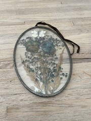 VTG Sun Catcher Glass Leaded Oval Pressed Flower Butterfly Botanical 6” x 9.5”