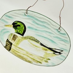 Oval Mallard Duck Design Handpainted Glass Window Sun Catcher 4.5″ Ornament