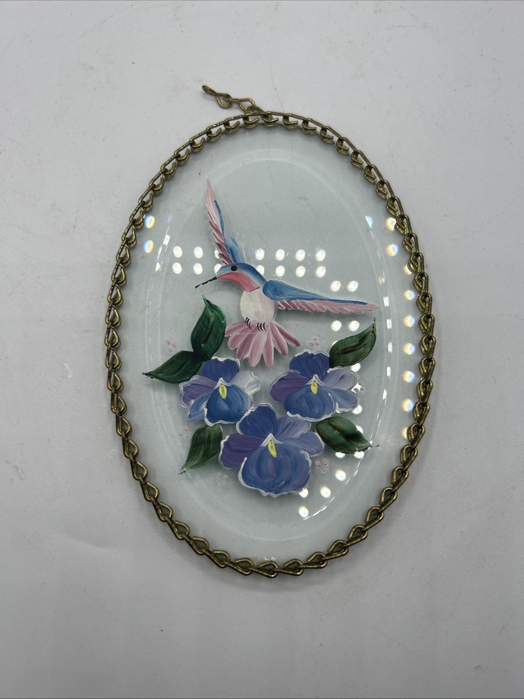 Hummingbird suncatcher oval metal rim nature flowers hanging garden Handpainted