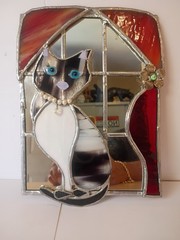 Handmade Stained Glass Sitting Gray & White Cat Suncatcher