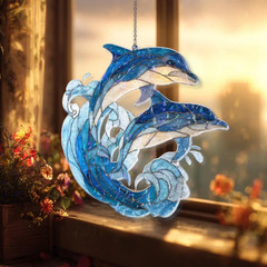 Stunning Dolphins Ocean Wave Acrylic Suncatcher Window Hanging Home Decor Gift