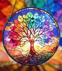 Colorful Tree of Life Stained Glass Suncatcher 7.8″ Boho Wall Art Decor