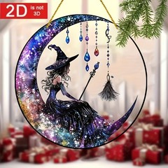 Vintage Witch On Moon Acrylic Suncatcher Halloween Mystical Home Garden Decor
