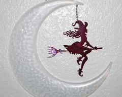 Crescent Moon & Witch Hanging Suncatcher Mobile, Metal, White/Purple/Pink