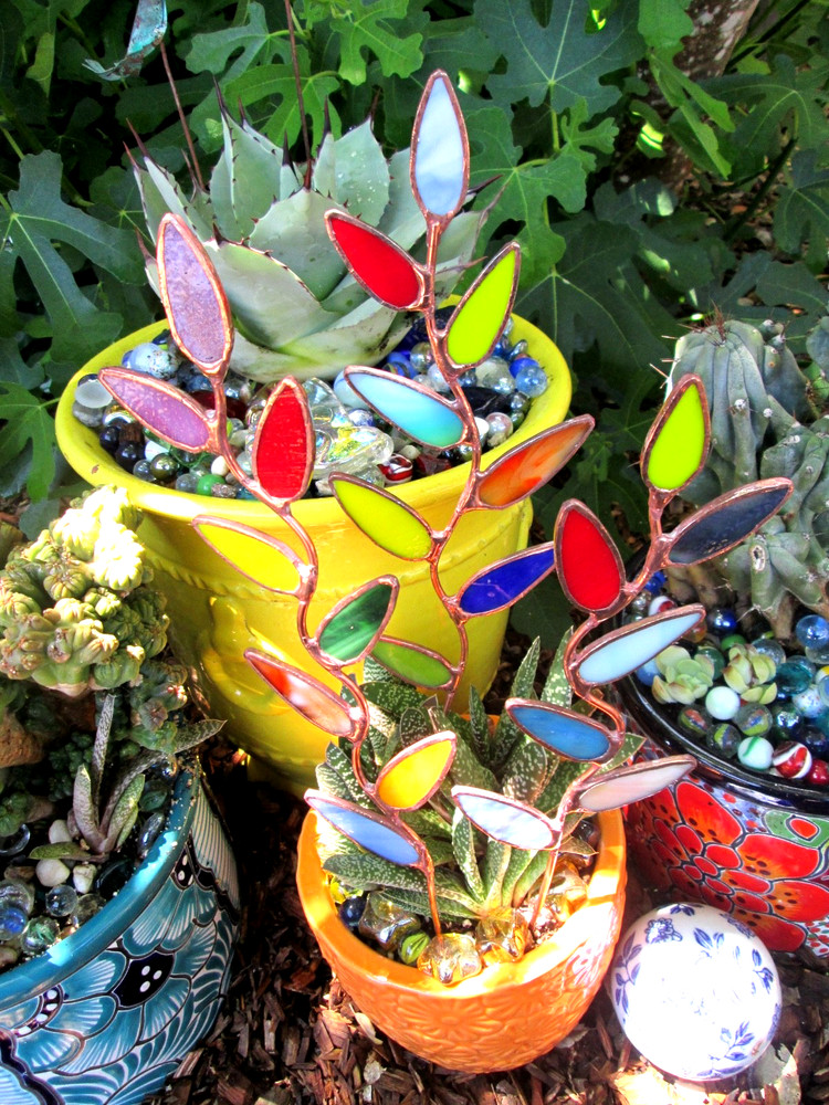 Stained Glass Garden Stakes Flower Stems (x3 Mulitcolor Leaves) Suncatchers