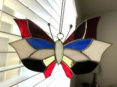 Vintage Handmade Stained Glass Butterfly Suncatcher Red Blue Yellow Black Art