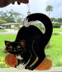 Large Vintage 1990s Halloween Suncatcher Plastic Stained Glass Black Cat 9″ Long