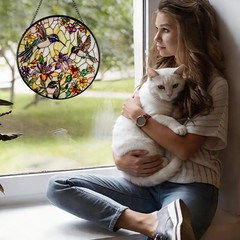 Hummingbird Stained Glass Sun Catcher for Windows 7.9 Inch Wildflower Design