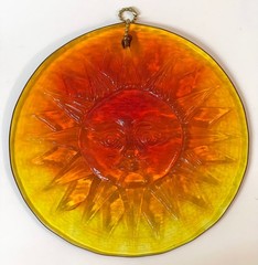 Pressed Art Glass Sun Catcher Round Shaped Amber Yellow Orange 7.5 in Diameter