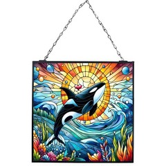 Orca Stained Glass Window Hanging, Blue Ocean and Sunset Suncatcher Diamond G…