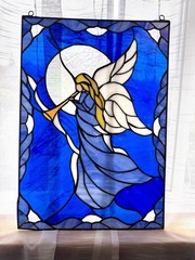 Vintage Kirkland Angel Stained Glass Sun Catcher Window 20″ x 14″ Blue *READ*