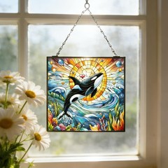 Orca Stained Glass Window Hanging, Blue Ocean and Sunset Suncatcher Diamond G…