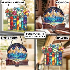 2 Floral Book Shelf Suncatchers 6″ Window Hanging Acrylic Ornaments Back to S…