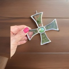 Stained Glass Cross Suncatcher Green Window Decor Religious Christian